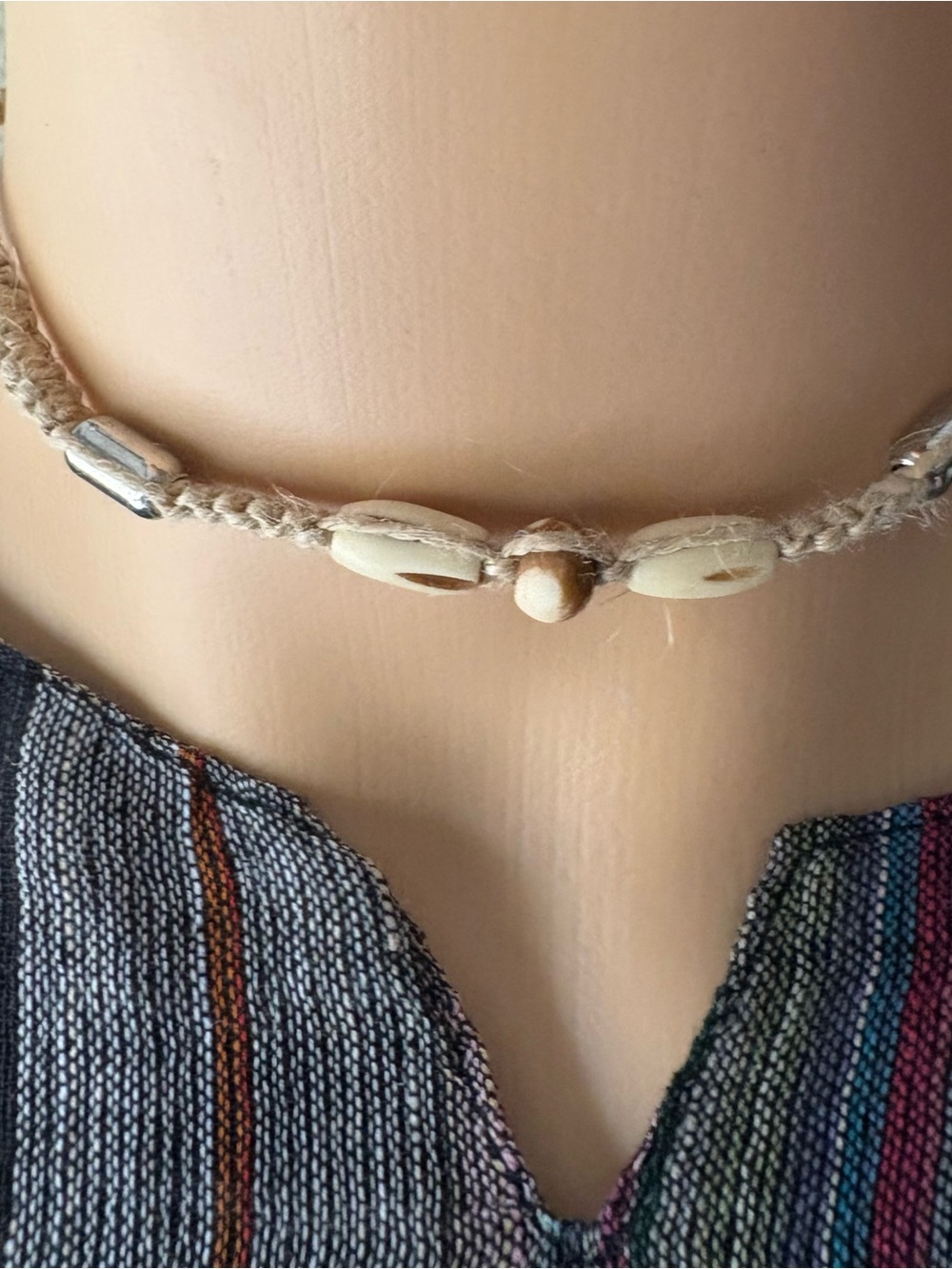 Handmade Cream Shell Bead Choker Necklace. Hemp